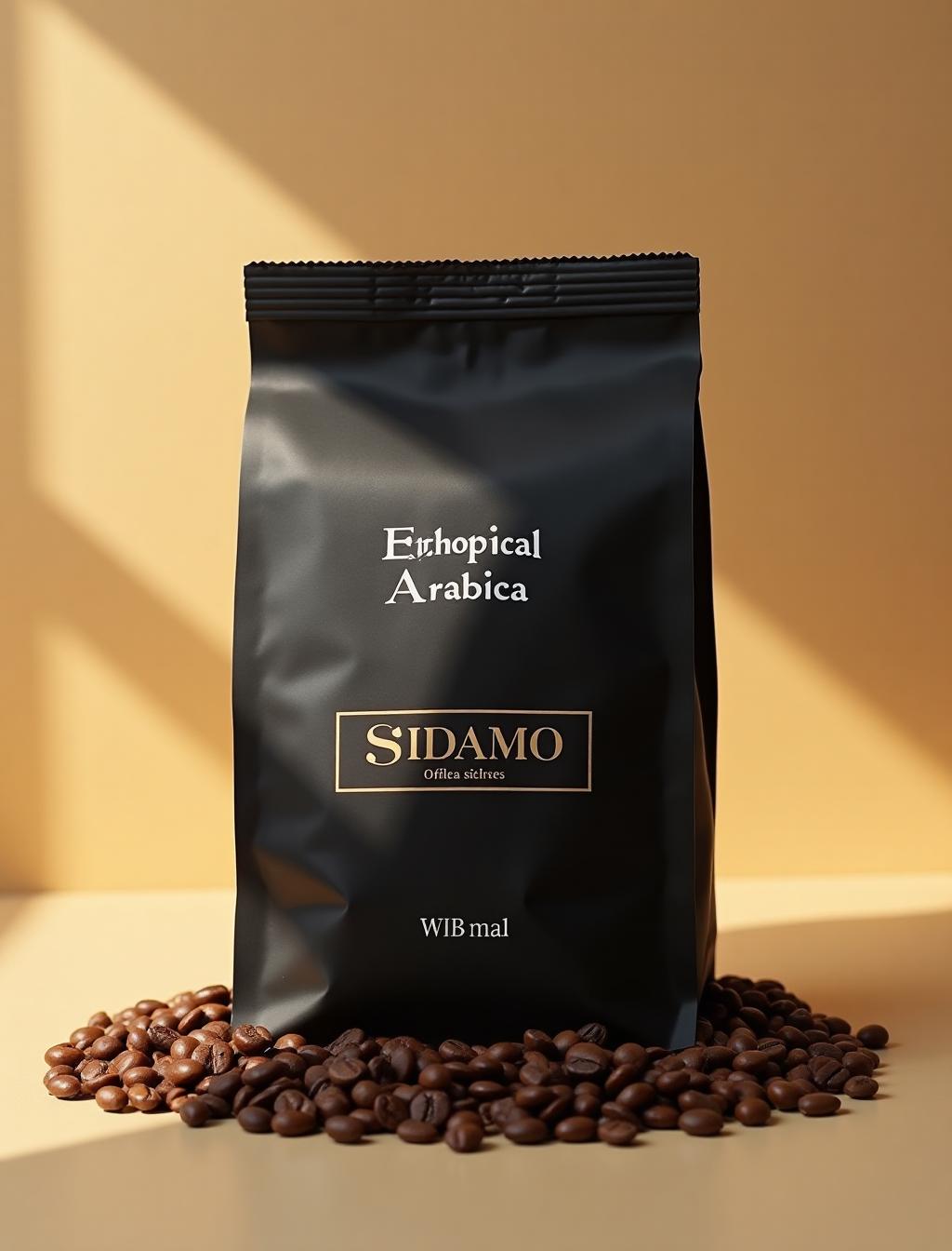 Sidamo coffee region in Ethiopia with lush green hillsides and coffee farms