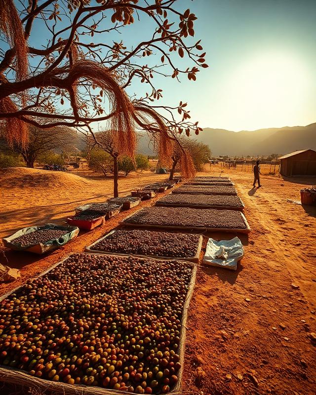 Harrar coffee drying on raised beds