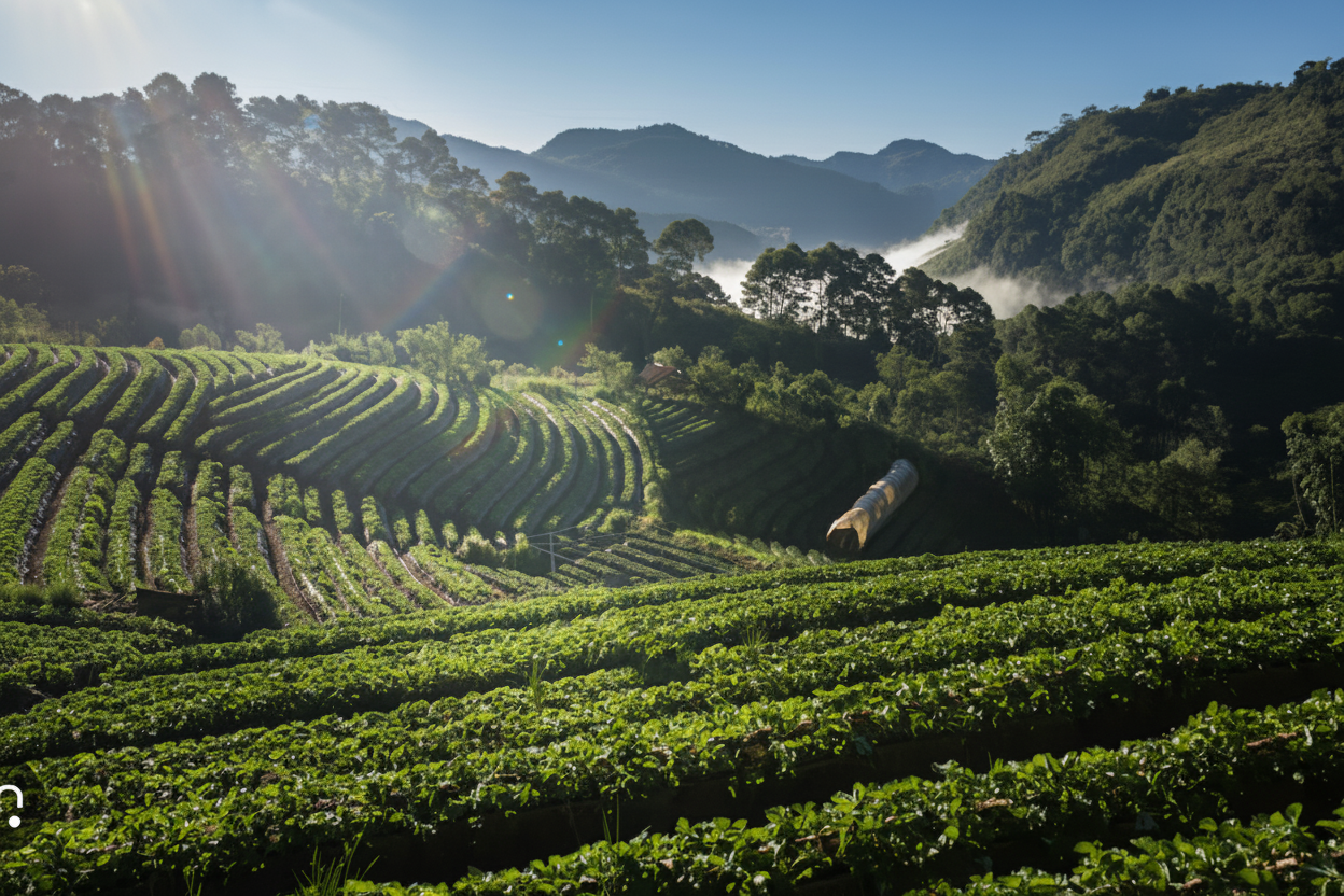 Ethiopian coffee farm at sunrise with arabica cherries on the branch